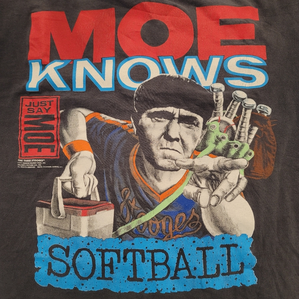 Vintage 1991 Three Stooges Moe Knows Softball Single Stitch T-Shirt Made in USA - Picture 4 of 8